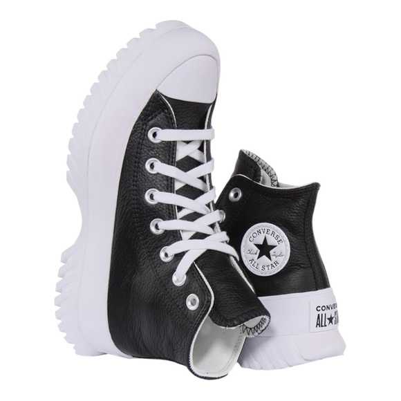 Converse All Star Black and White High-Top Platform Sneakers, Leather Upper. - Picture 2 of 11